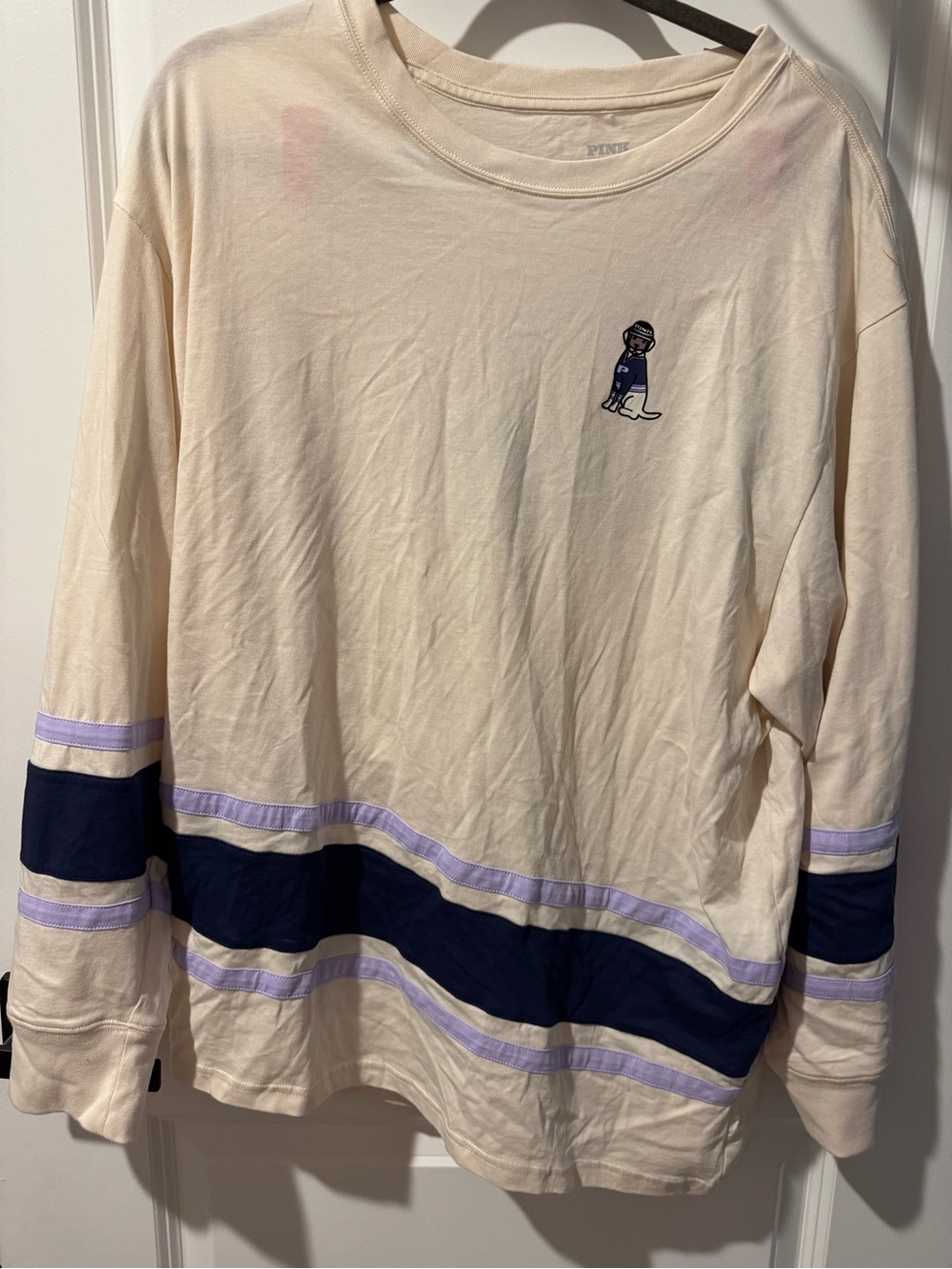 PINK VS Cream and Navy Long-Sleeve Top with Purple Stripes Hockey edition